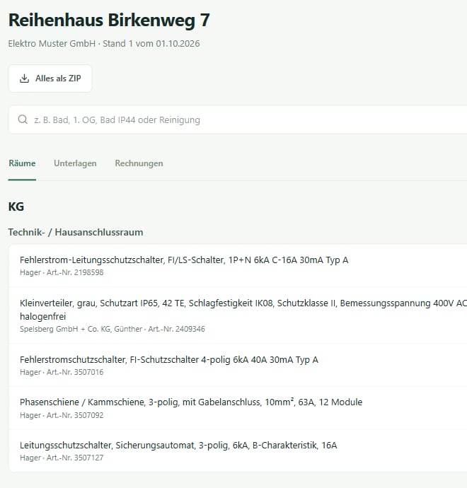 Auftraggeber-Portal von Einbaupass: Räume eines Beispielobjekts mit den eingebauten Teilen