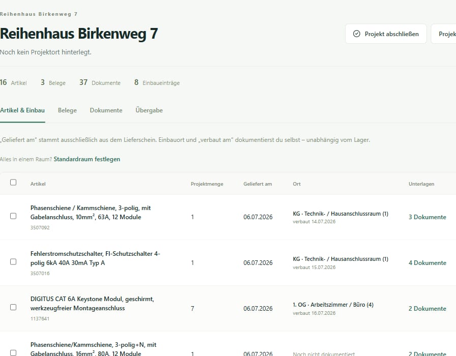 Einbaupass, Ausschnitt: Projektakte · Artikel & Einbau (Beispieldaten)