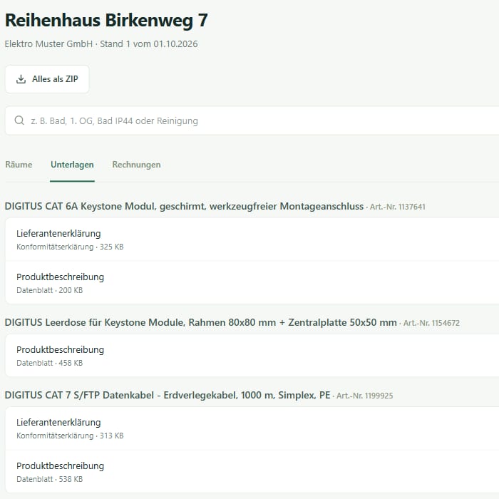 Einbaupass, Ausschnitt: Auftraggeber-Portal · Unterlagen (Beispieldaten)