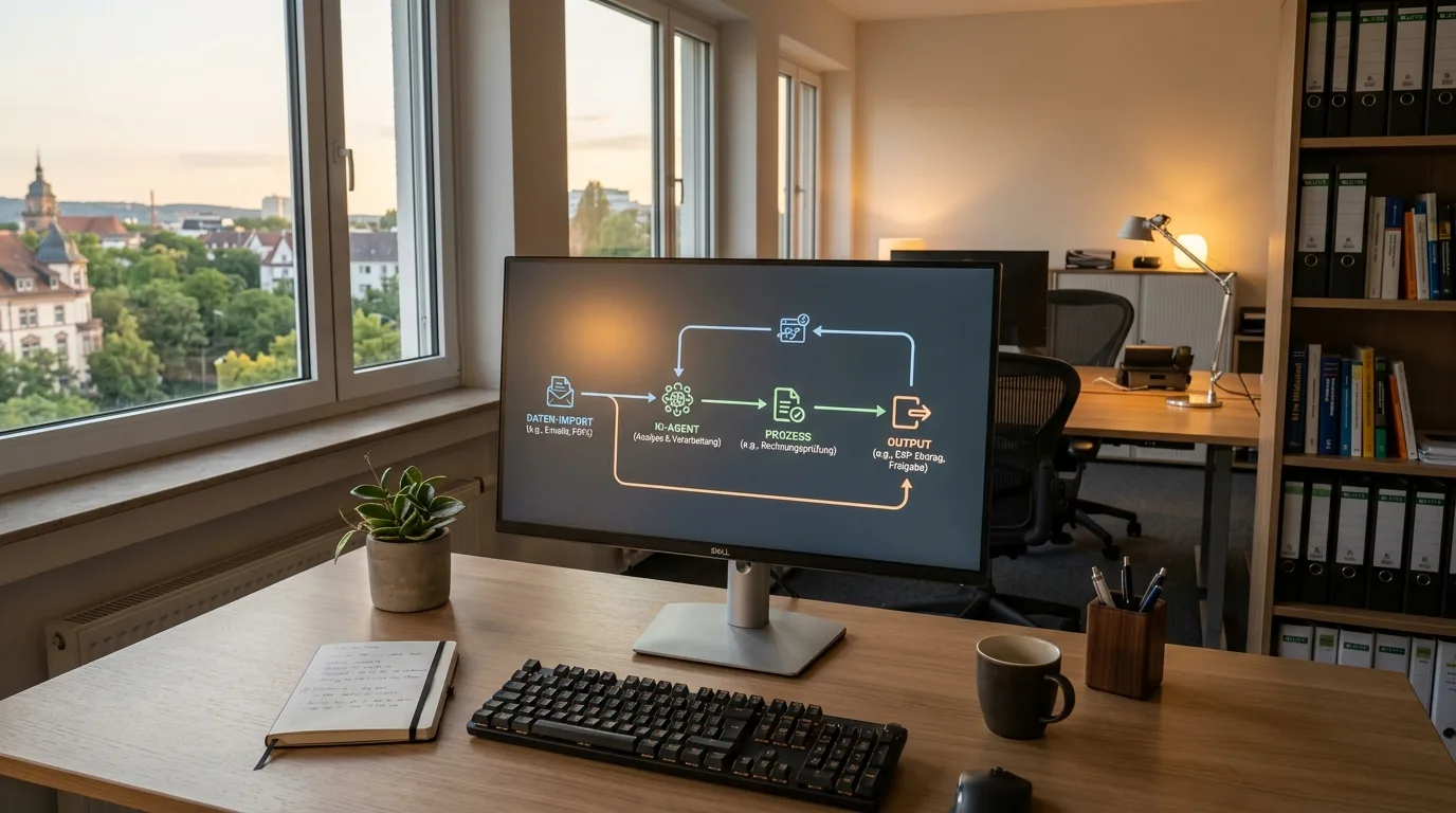 Schematische Visualisierung eines KI-Agenten-Workflows in einem mittelständischen Büro, Bildschirm mit Datenfluss-Diagramm, warmes Tageslicht, keine Personen sichtbar