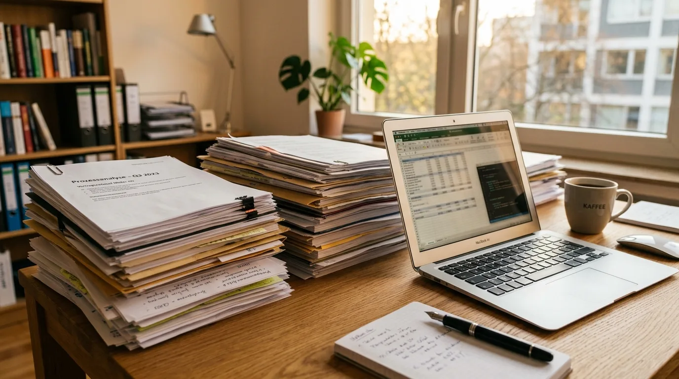 Nahaufnahme eines Schreibtisches mit Laptop und strukturierten Dokumentenstapeln, warmes Bürolicht, keine Personen sichtbar