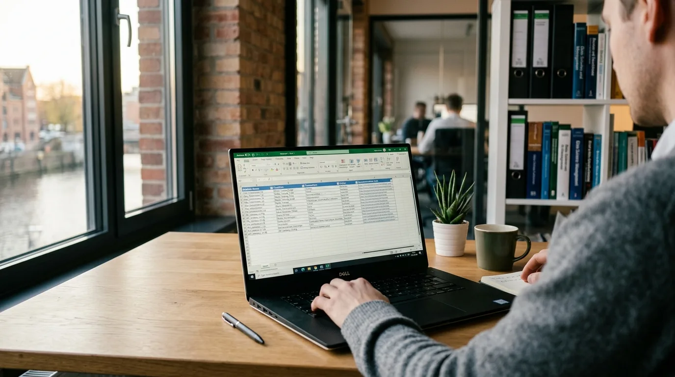 Nahaufnahme eines Laptops mit strukturierter Tabelle zur KI-Systemerfassung, Tageslicht, kein Gesicht sichtbar