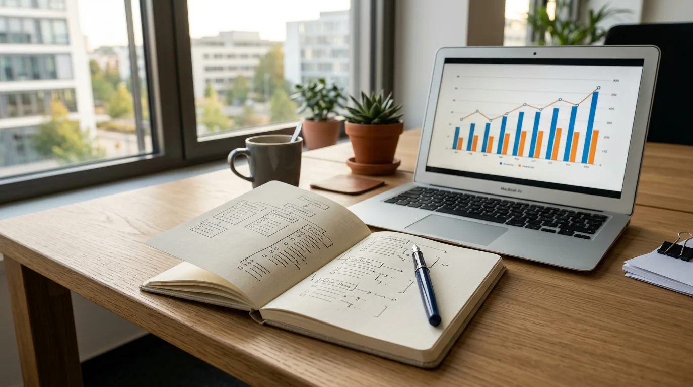 Schreibtisch mit Notizbuch und Laptop, auf dem ein strukturiertes Diagramm zu sehen ist – illustrative Szene eines Strategie-Assessments im Mittelstand