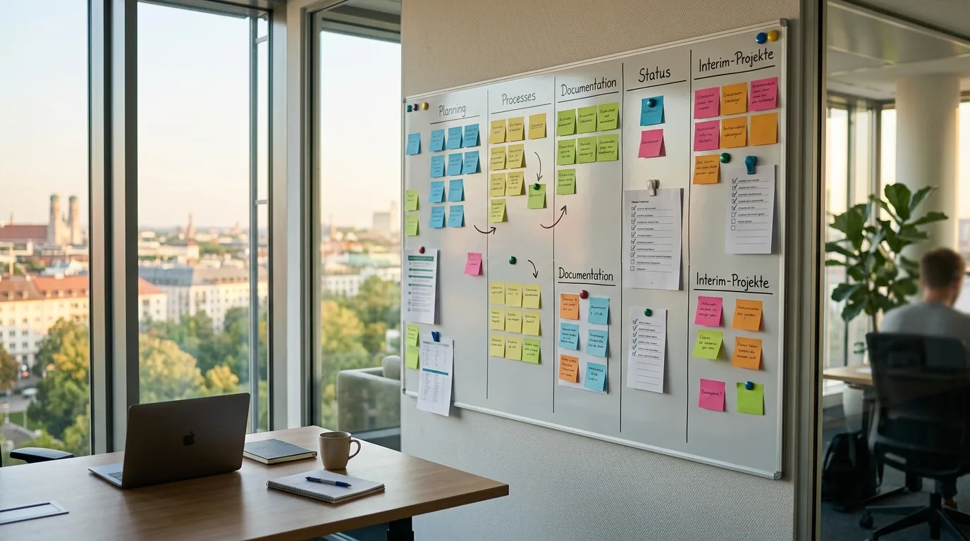 Nahaufnahme eines strukturierten Arbeitsplanungsboards mit Post-its und Checklisten in einem Büro, warmes Tageslicht