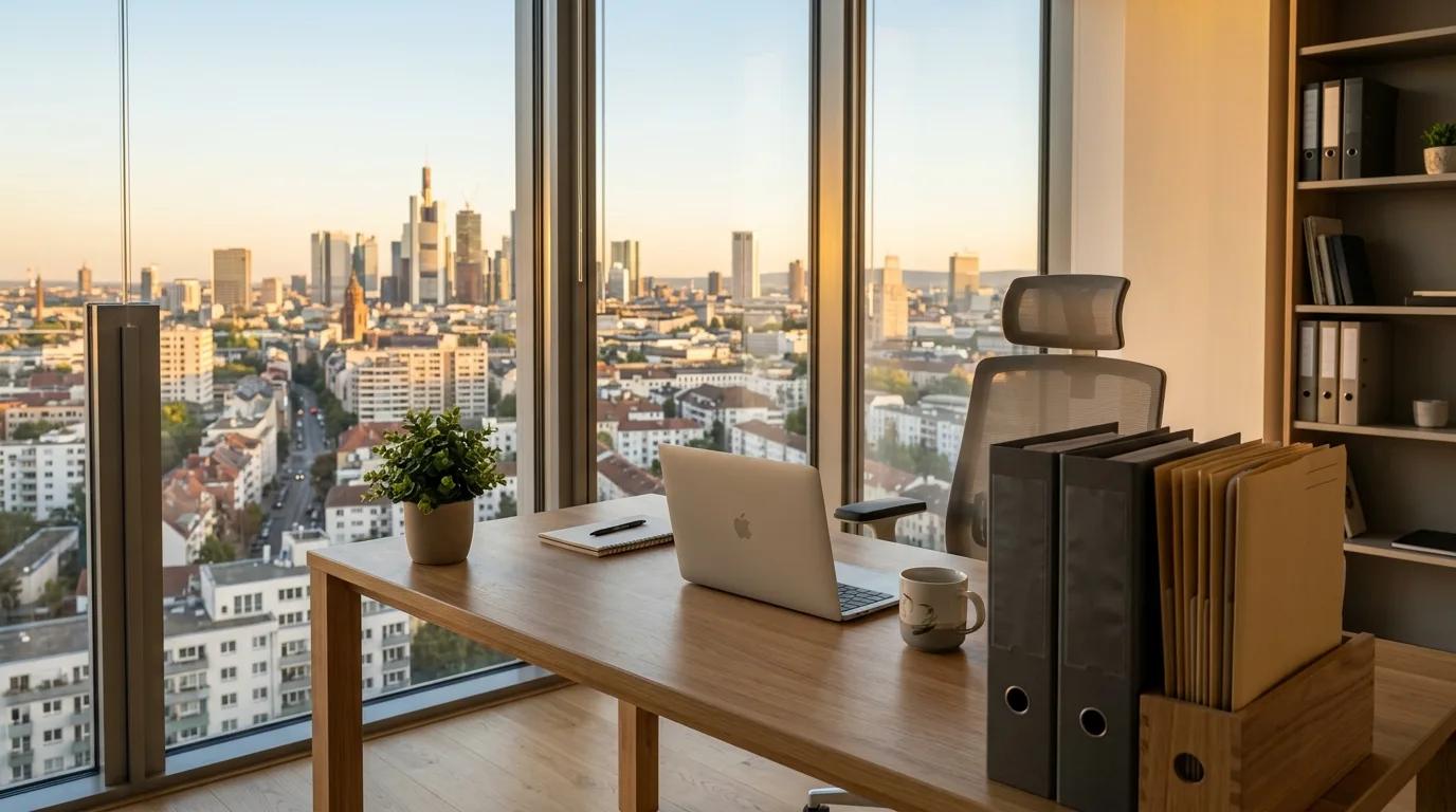 Moderne Büroumgebung mit großem Fenster, ein Schreibtisch mit sauber sortierter digitaler und analoger Ablage, goldenes Nachmittagslicht