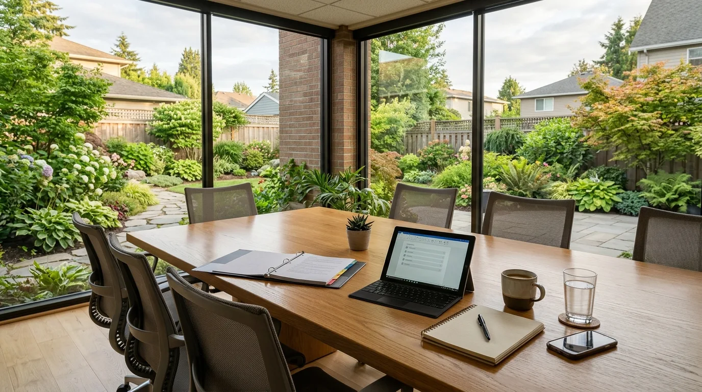 Blick auf einen modernen Besprechungstisch mit aufgeschlagenen Dokumenten, einem Tablet und Notizheft, Tageslicht aus einem großen Fenster, keine Personen sichtbar